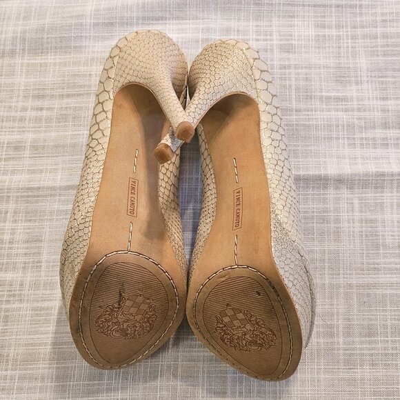 VINCE CAMUTO Cream Leather Snakeskin Texture Platform Peep Toe 5" Stiletto Heels - Picture 7 of 7